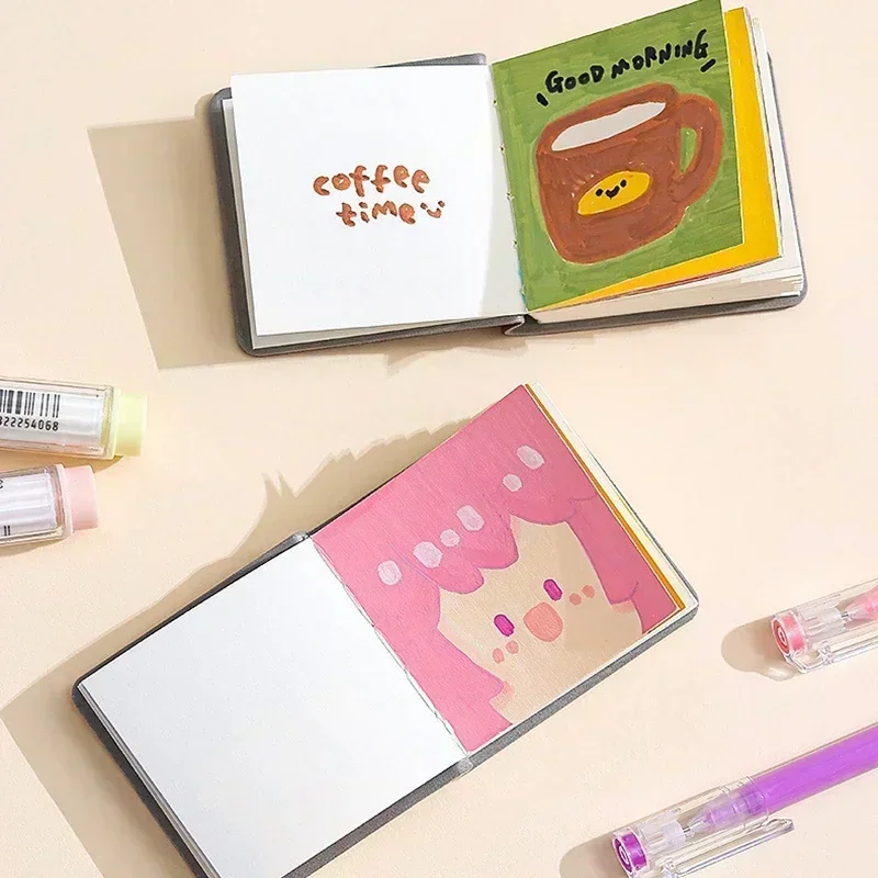 3Pcs 48 Sheets Mini Drawing Book Square Travel Watercolor Sketchbook PU Portable Student Pocket Notebooks Art Supplies Gift