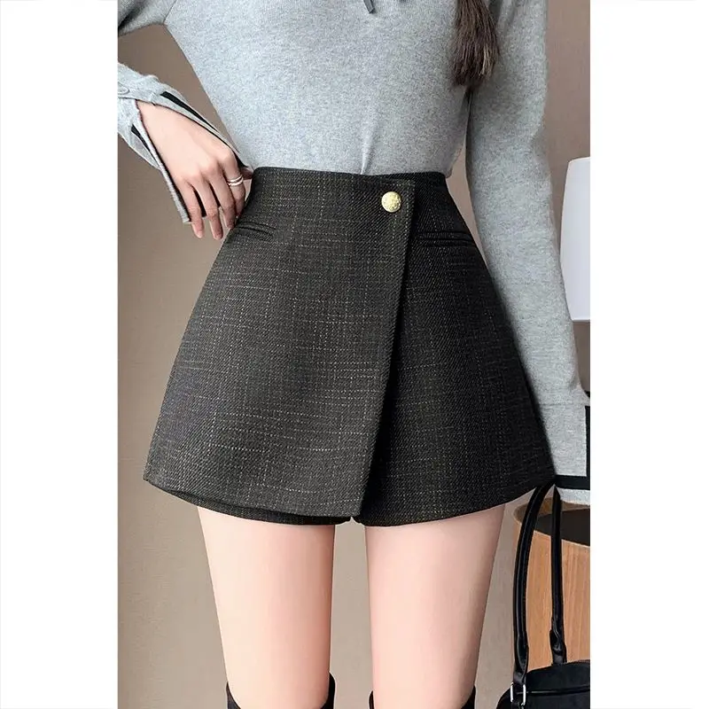 Small Fragrance Style Women's Short Pants Autumn Winter A- Line Skirt Pants High Waist Wide Leg Boot Pants Outerwear TT949