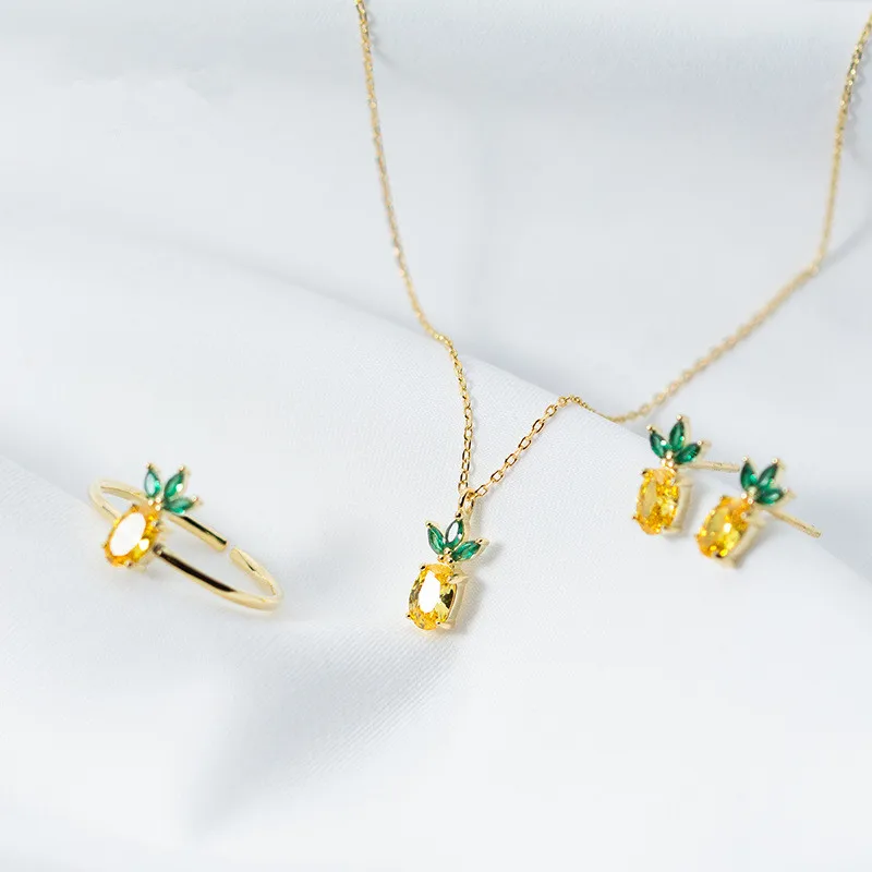 

925 Sterling Silver Fresh Pineapple Pendant Gold Plated Jewelry Set