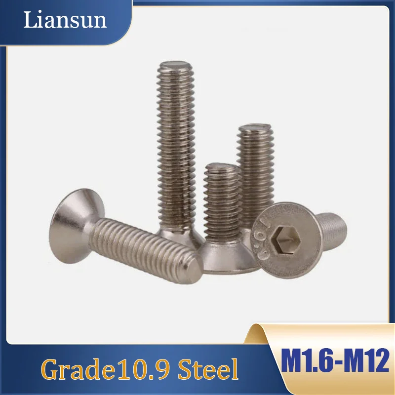 2-200pcs Countersunk Socket Cap Screw Ni-Plated 10.9 Steel Flat Head Allen Bolts M1.6 M2 M2.5 M3 M4 M5 M6 M8 M10 M12/3-100mm