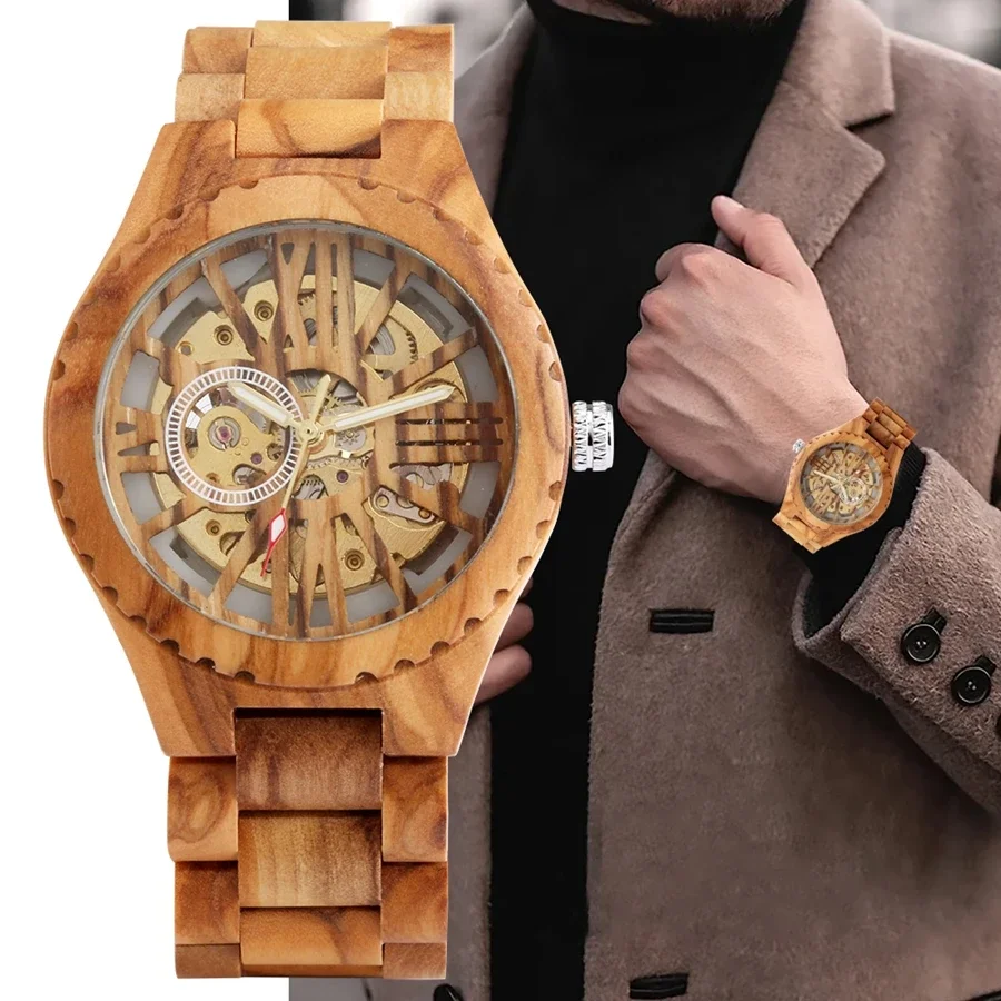 

Cherry Wood Mens Watches Retro Hollow Skeleton Dial Automatic Mechanical Wood Clock Adjustable Wooden Bracelet Mens Wristwatch