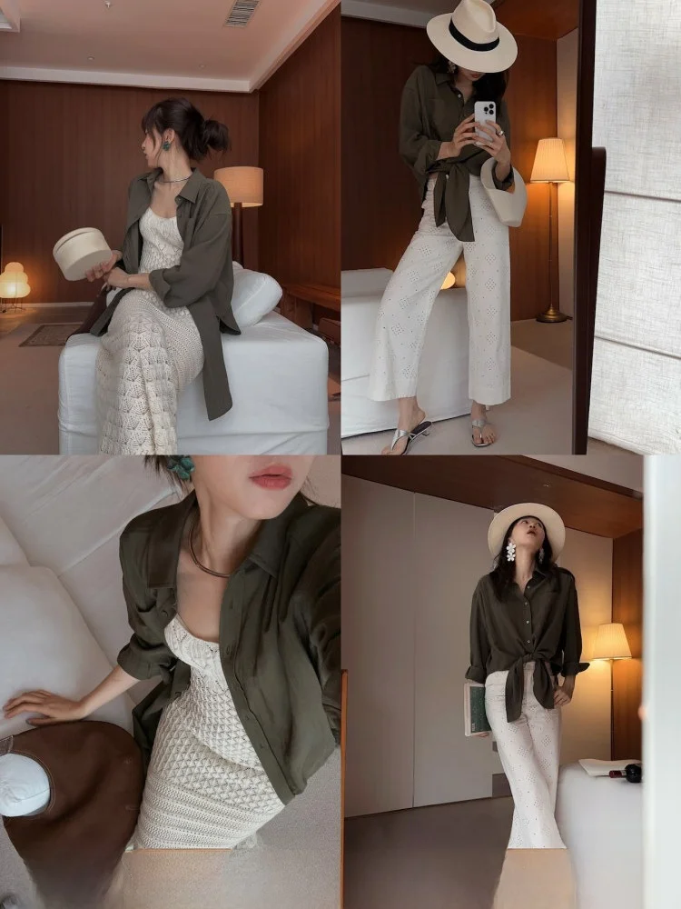 

Ohmyop Anti-Wrinkle Adhesive Fabric Drapey Full Buried Clip Proc Bow-Tie irt Women's Loose Fit Long Sve Button-Up