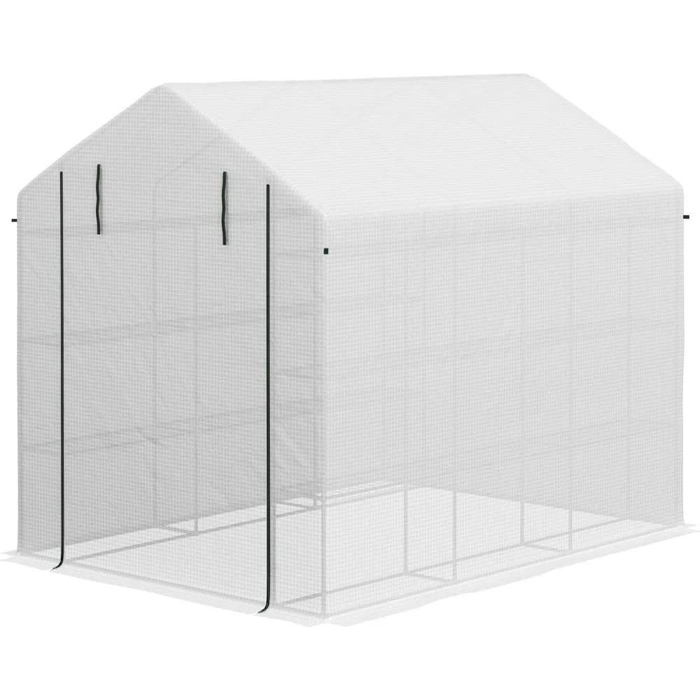 

8' x 6' x 7' Walk-in Greenhouse w/with 4-Tier Shelves and Roll-Up Zipper Door, Patio Greenhouse w/ Steel Frame, PE Cover