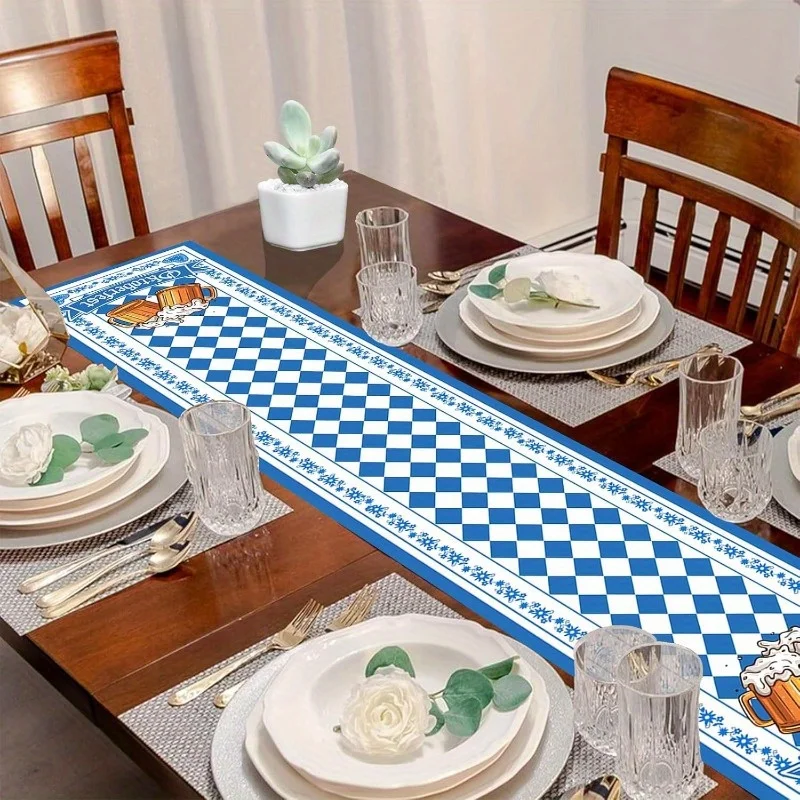 VIKAMA Bavarian Table Runner for Oktoberfest Decorations, Blue and White Chequered Pattern, Suitable for Beer Garden Parties
