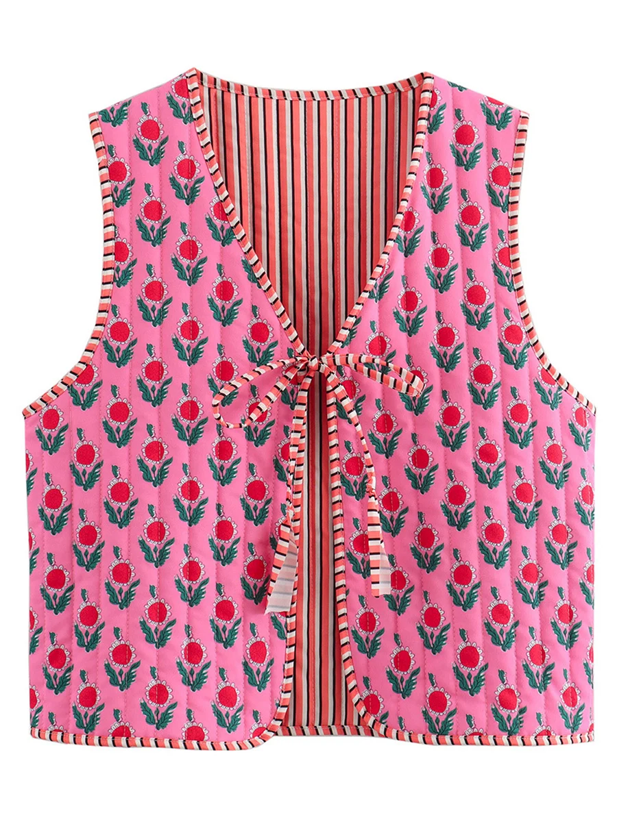 Women's Multi-color Quilted Vest Double Sided Floral Printed V Neck Tie Front Sleeveless Jacket Vintage Streetwear Outerwear