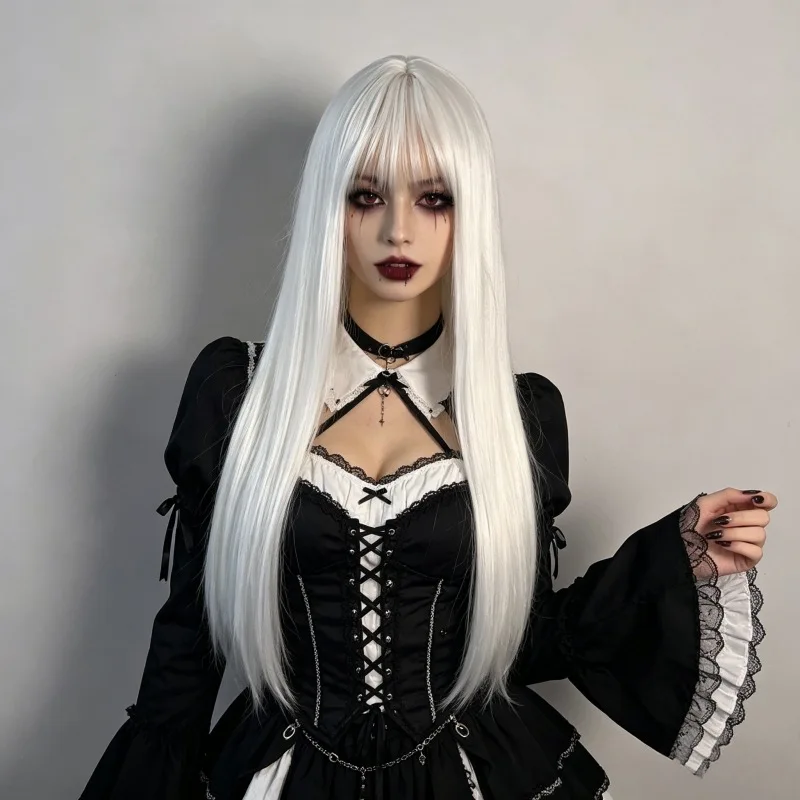 White Synthetic Wig - Popular for Halloween: Vampire-Style Costume for Cosplay Role-Playing. High-Temperature Silk Wig Headband.