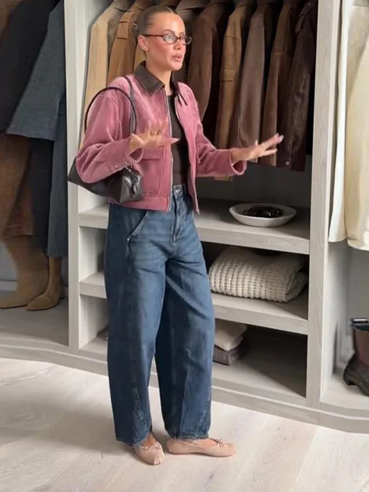 Pink Corduroy Cropped Jacket for Women with Contrast Collar