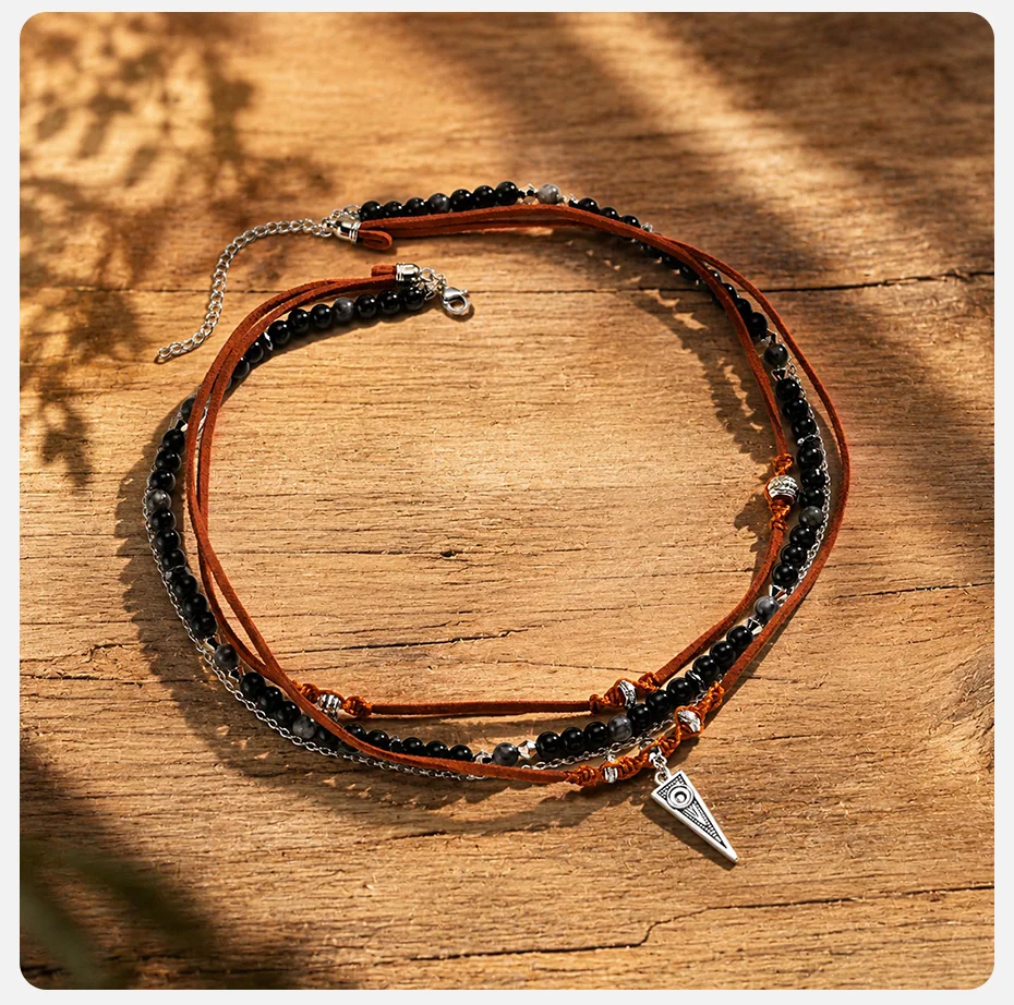 Vnox Herren Mehrschichtige braune Lederkette mit schwarzem Onyx-Perlenanhänger aus Legierung, dreieckig, Boho Surf, handgefertigte Halsketten, Schmuck, Geschenk – Detail 6