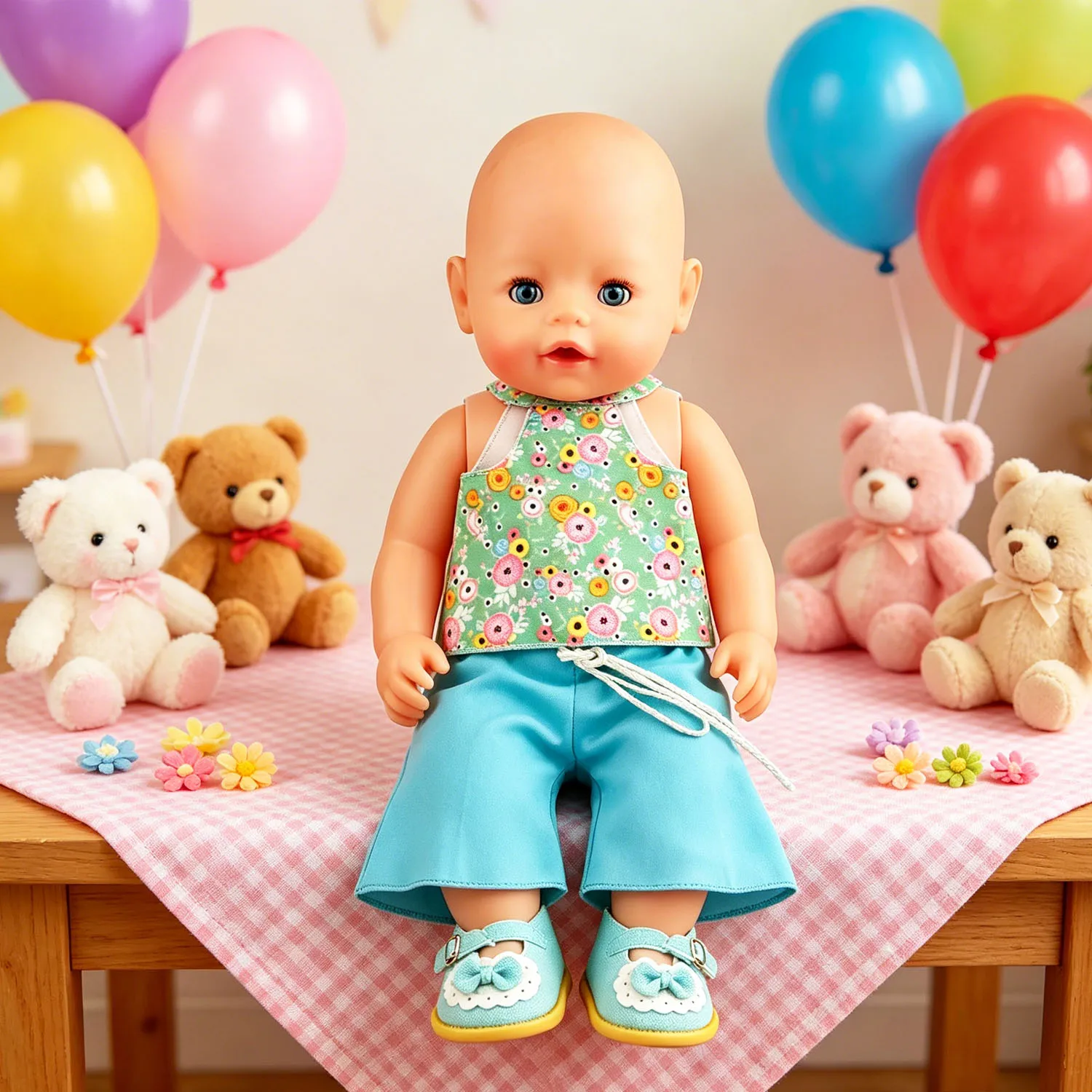 Floral Halter Doll Outfit Green Floral Tank Top Cyan Flare Shorts + Bow Doll Shoes for 18 Inch American &43cm Baby Newborn Doll