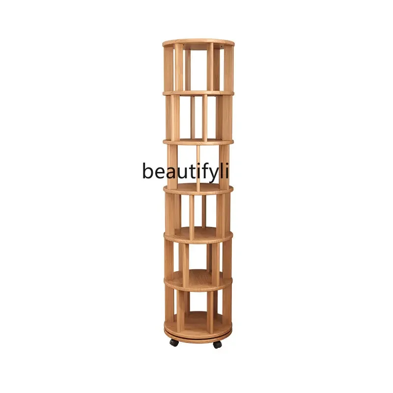 Rotating Bookshelf 360-Degree Bookcase Movable Picture Book Reading Rack Household Solid Wood Floor Storage Rack