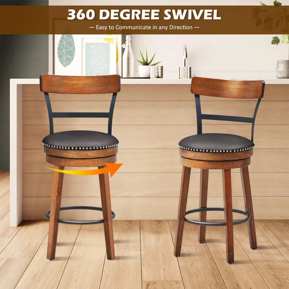 Bar Stools Set of 2, 360-Degree Swivel Stools with Leather Padded Seat, Single Slat Ladder Back & Solid Rubber Wood Legs