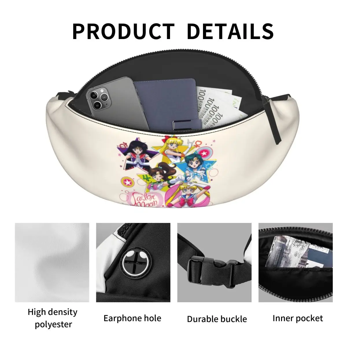 مخصص البحارة أنيمي أقمار حزمة مراوح النساء الرجال لطيف الرسوم المتحركة Crossbody الخصر حقيبة للسفر التنزه الهاتف المال الحقيبة