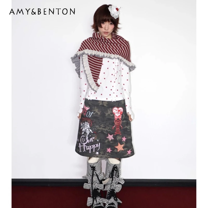 

Original Design Burgundy Autumn Winter Knitted Lace Women's Shawl Multi-Way Layered Irregular Sweet Versatile Half Skirts Ladies