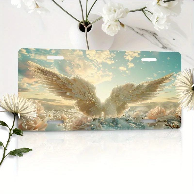 Aluminum Waterproof Art License Plate Set with White Angel Wings and Rose Pattern, Suitable for Front Decoration of The Car