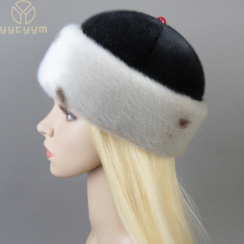 2024 Fashion Winter Thickened Genuine Mink Fur Bomber Hat For Woman Fur Hats Warm Chapeau Motorcycle Russian New Style Mink Caps