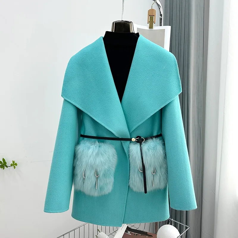 

2023 Fall and Winter New Wool Double-sided Tweed Cape Women Fox Fur Cashmere Cloak Jacket Coat JT462