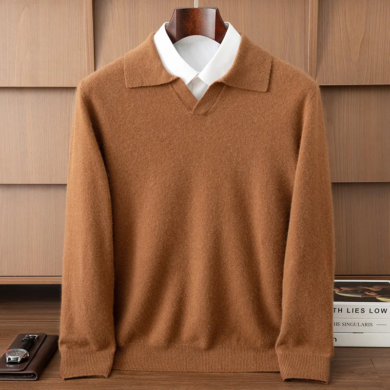 RONGYI New Men's Knitted 100% Cashmere Collar Sweater Casual Loose Long Sleeve pullover Autumn Winter Sweater Solid Color Tops
