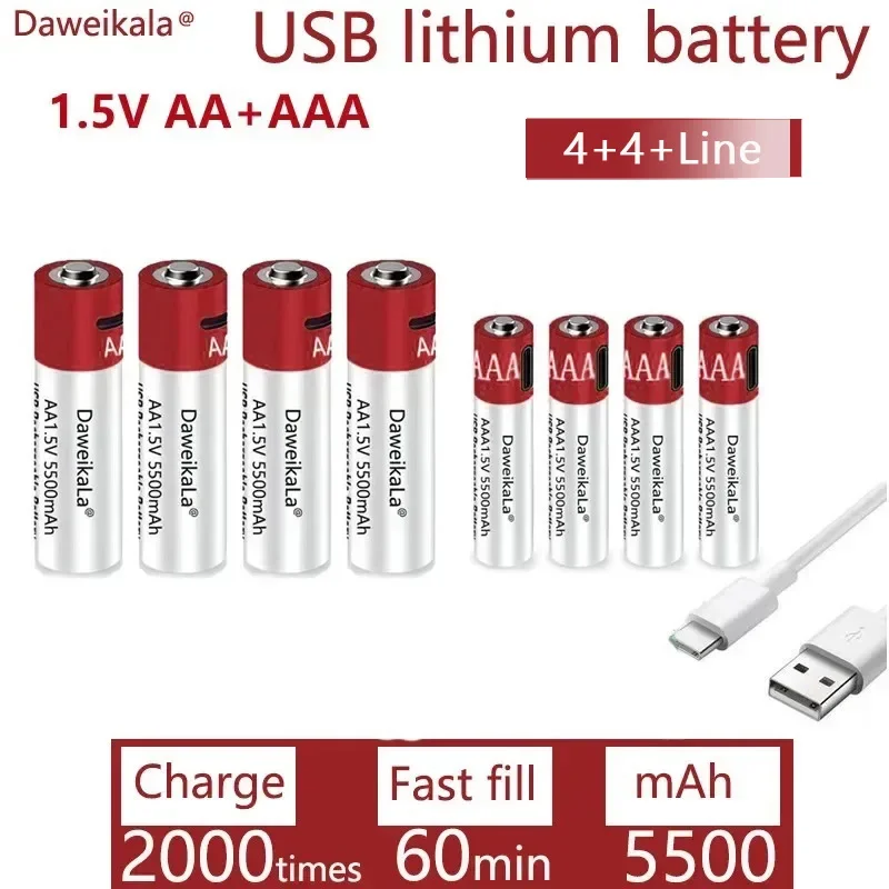 AA + AAA 1.5 فولت USB شحن سريع بطارية قابلة للشحن سعة كبيرة 5500 مللي أمبير بطارية ليثيوم أيون للعبة التحكم عن بعد الماوس LED