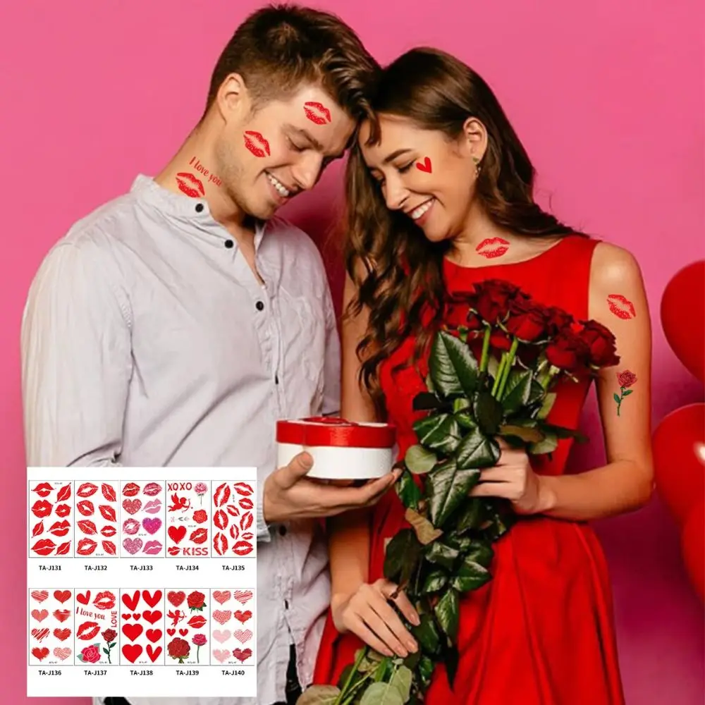 10PCS Valentine's Day Temporary Tattoo Stickers Lips Kiss Heart Red Love Rose Fake Tattoo Decals Waterproof