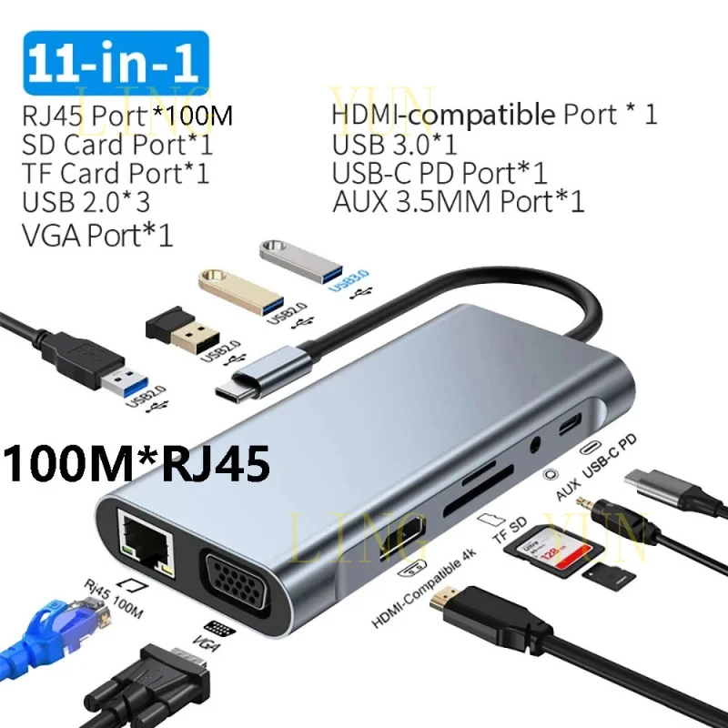 

Многопортовый USB-C хаб-док-станция Z с 11 портами, адаптером RJ45 и выходами HDMI-совместимый, 4K VGA, SD/TF