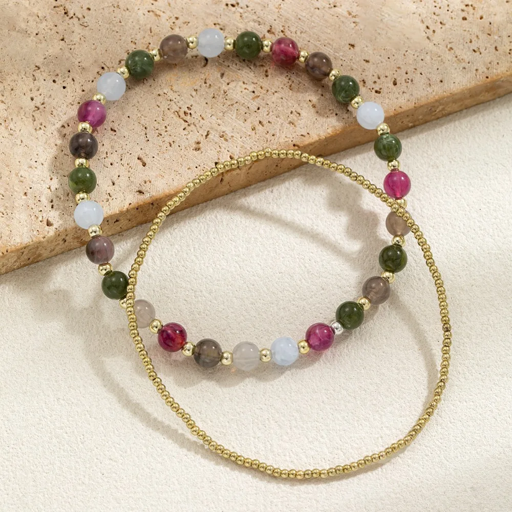 2pcs Set Minimalist Boho Random Colored Tiny Seed Beaded Elastic Stack Anklets for Women Hawaii Beach Surfing Trip Jewelry Sets