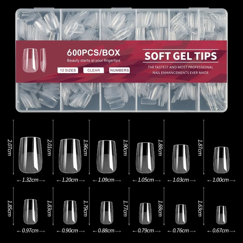 New 600Pcs False Nail Almond-Shaped Transparent Almond Nail Tips Full Cover Short Length Gel Nail Tips Manicure Salon