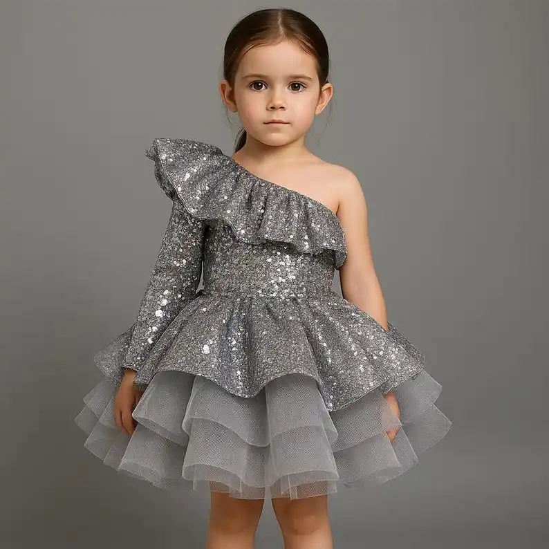 

Flower Girl Dress Silver Sequin One-Shoulder Dress Girl: Ruffle Tulle Skirt, Princess Gown, Gift for Toddler