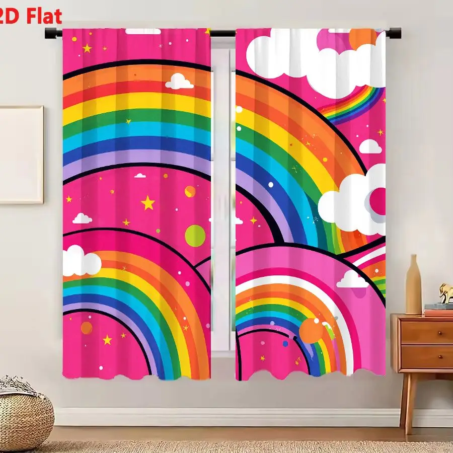 2Pcs Curtains 2D Flat Whimsical Retro Cartoon Rainbows Illustration With Fluffy Clouds Stars And Dots On Bright Pink Background