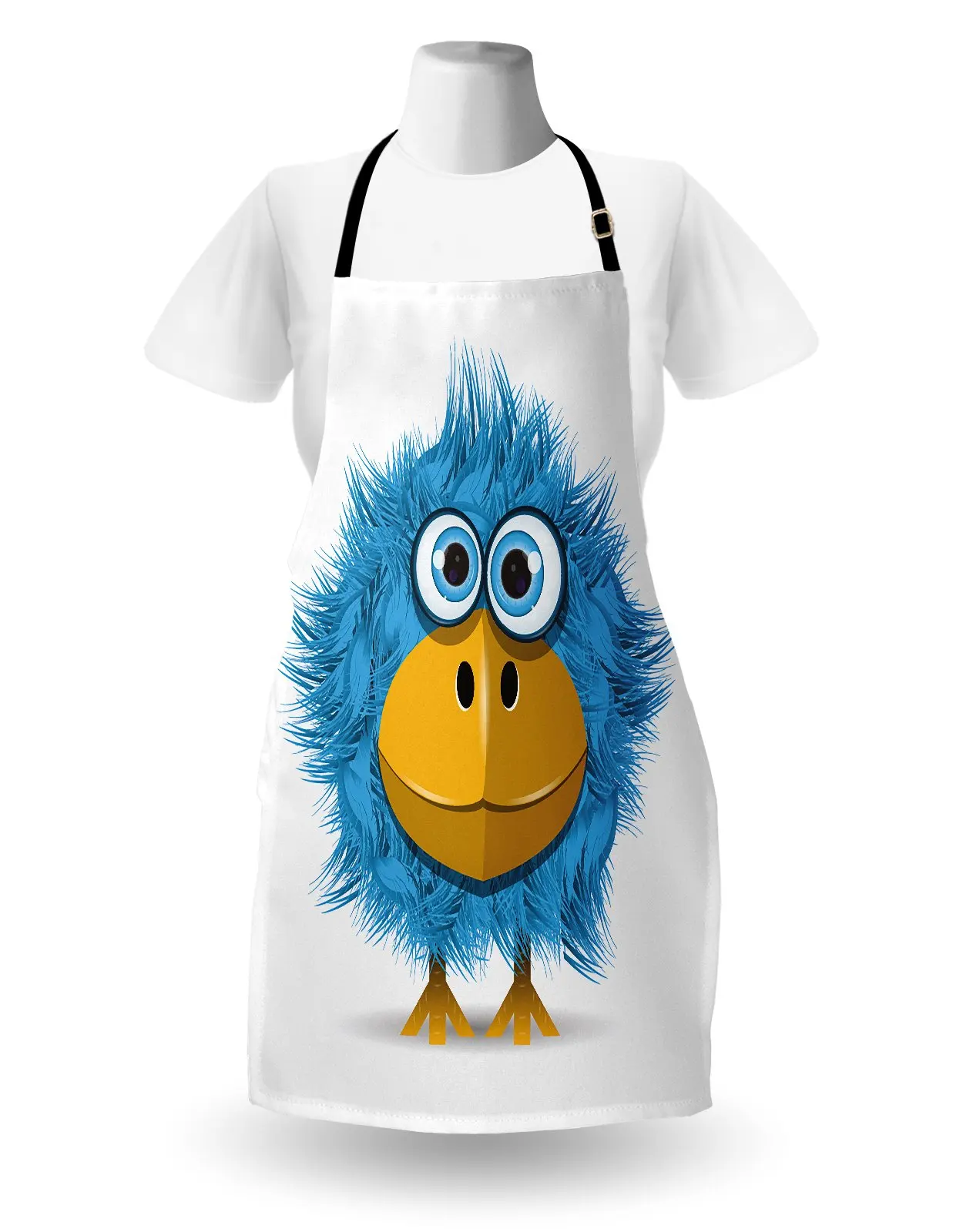 Cartoon Apron, Funny Bird Big Eyes and Beak Feathers Mascot Print, Unisex Kitchen Bib with Adjustable Neck for Cooking Gardening