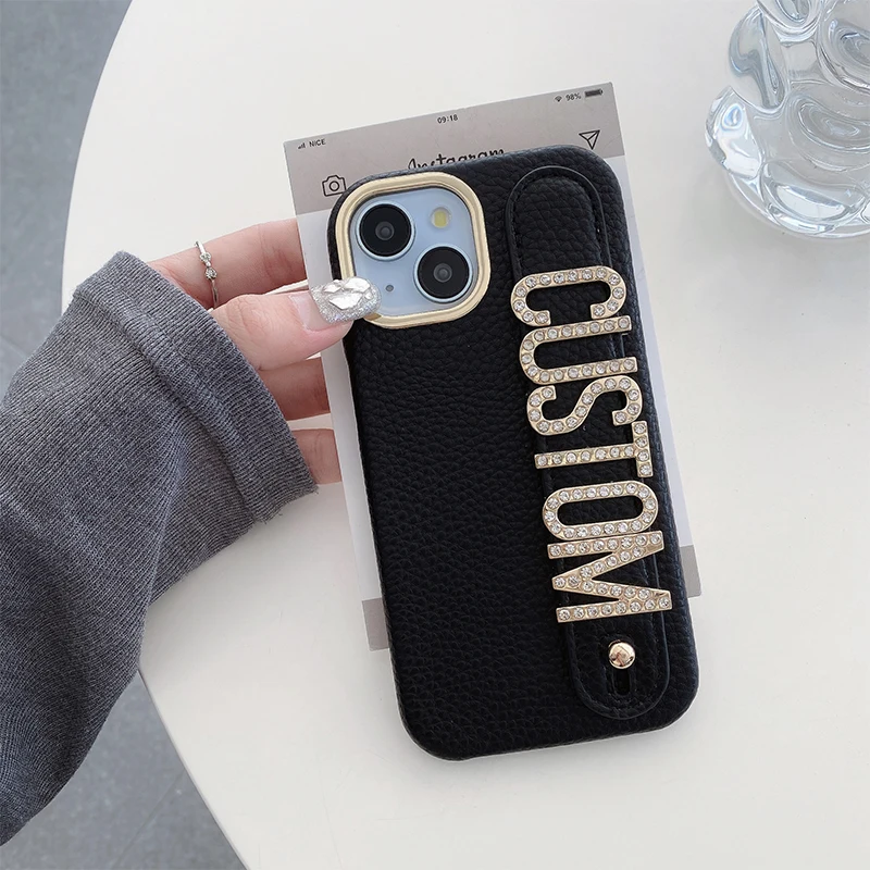 Personalized Leather Phone Case with Name and diamond Letter Wristband for iPhone 16 15 14 13 12 11Pro Max 14 15 16Plus Cover