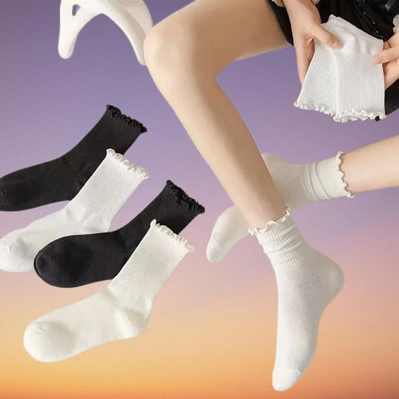 

5/10 Pairs High Quality Women Ruffle Frilly Socks Black White Novelty Funny Ankle Socks Cute Solid Cotton Breathable Crew Socks