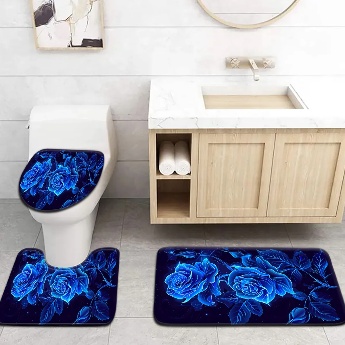 3pcs Blue Rose Bathroom Rug Set Non-Slip U-Shaped Mat and Toilet Lid Cover Flower Pattern Washable Indoor Floor Mats