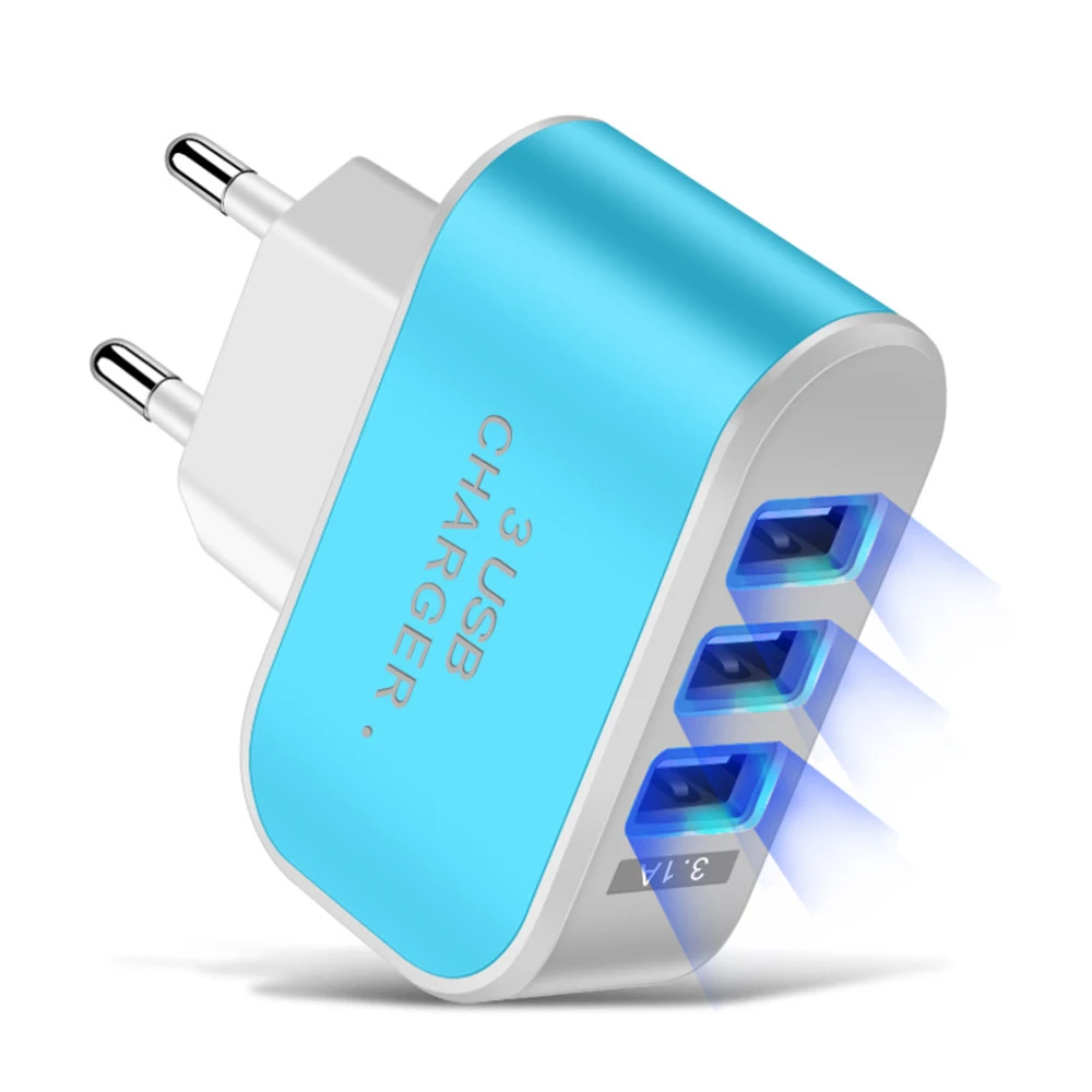 3USB EU US Plug LED Mobile Phone Chargers Multi-Head Travel Charger 3Ports LED Light Phone Charge Adapter EU Plug Charger