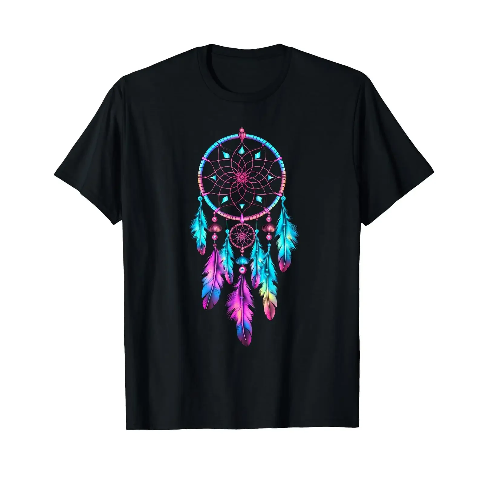 Colourful Dream Catcher Feather Tribal Indian Tattoo Dreamcatcher T Shirt vintage Washed Breathable graphic Comfortable homme