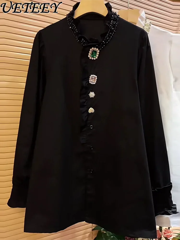 Abbigliamento da donna oversize Stile pendolare Top Hot Strass Nero Colletto alla coreana Increspato Manica lunga Dimagrante Camicia abbinata