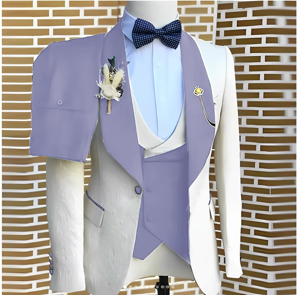 Elegant WhiteJacquard Suits Men For Wedding Formal Jacket Vest Pants 3 Pieces Groomsman Tuxedos Tailored Male Fashion Clothing