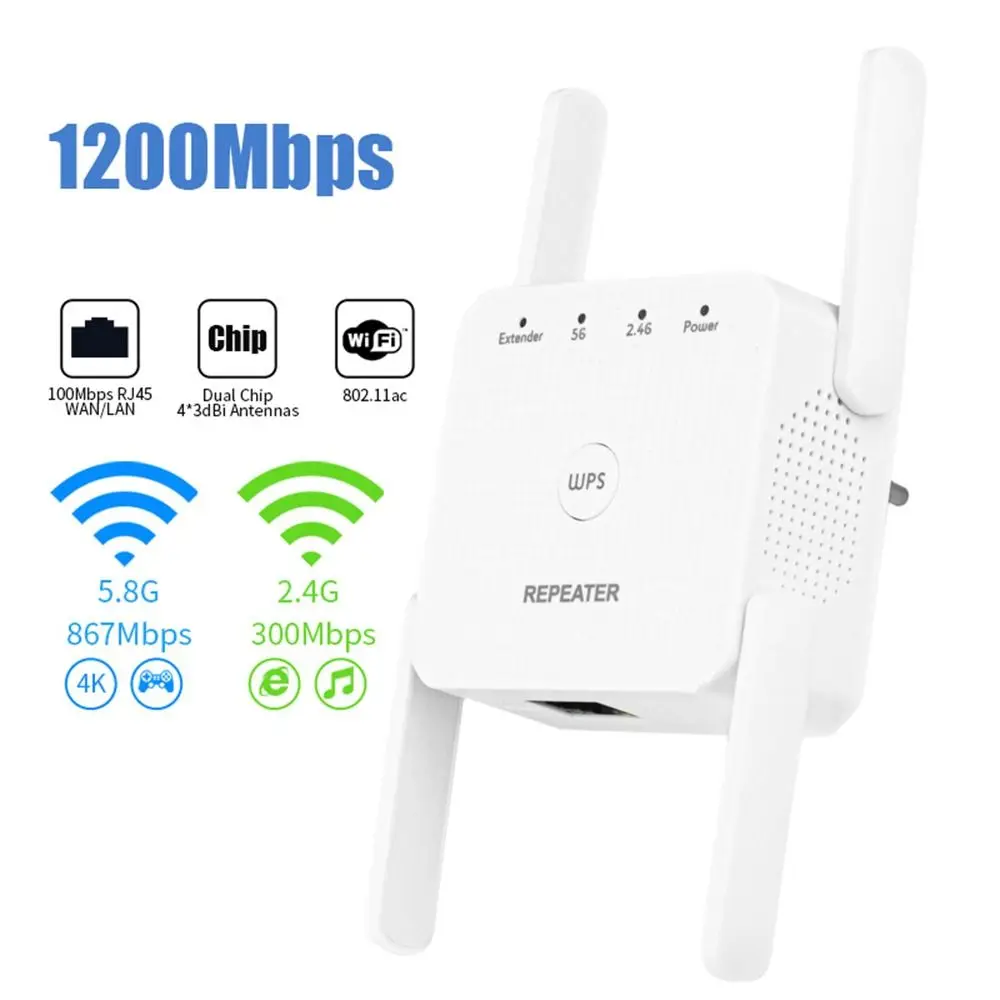 2.4GHz/5GHz WiFi 신호 확장기 듀얼 밴드 최대 200미터까지 확장 WiFi 리피터 1200Mbps 강력한 신호 신호 부스터