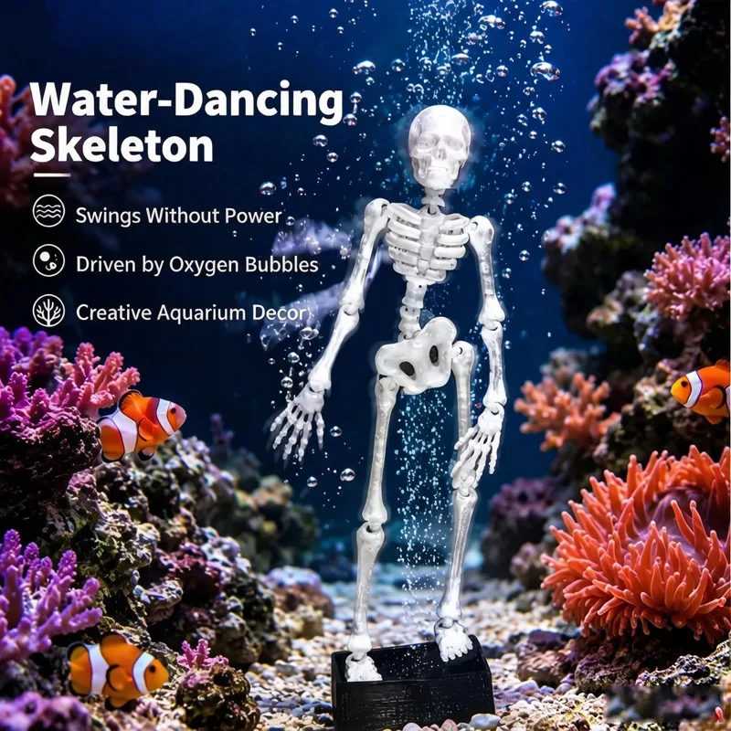 Halloween Tanzendes Skelett Aquarium-Luftsprudler Deko 3D-Gedruckter Harz-Schaukelschädel Ornament Kompletter Luftschlauch Aquarium-Dekoration