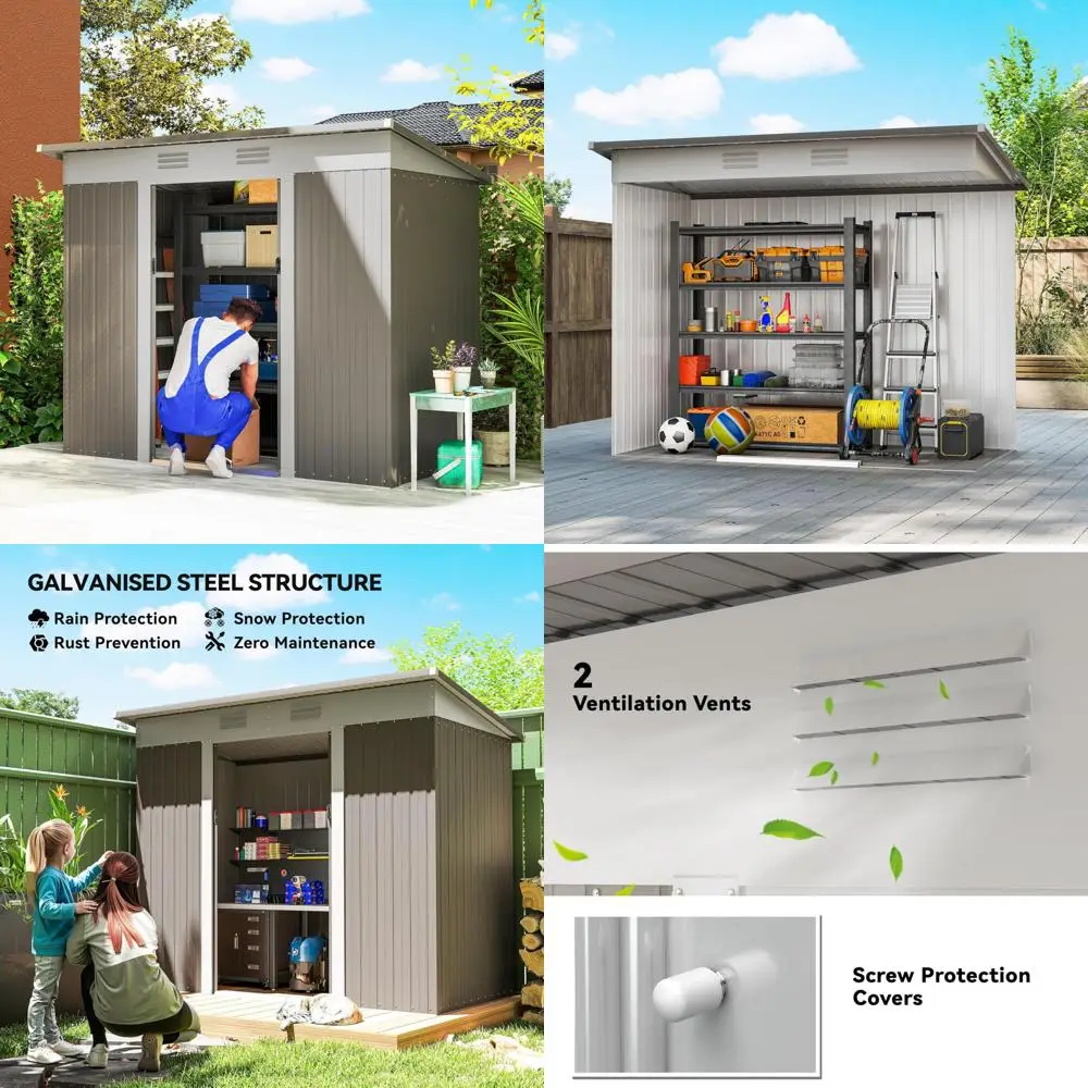 سقيفة معدنية مائل للتخزين في الهواء الطلق، منزل أدوات الحديقة مقاس 8 × 4 مع أبواب منزلقة مزدوجة وفتحتين للهواء