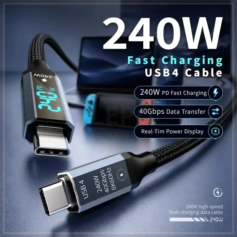 USB4 Cable with LED Display 240W PD3.1 Fast Charging 40Gbps Data 8K@60Hz Video USB C to C Braided Cord for Laptop Phone