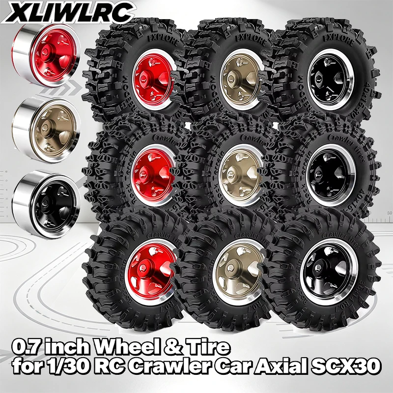 4pcs 0.7 inch 36/40mm Rubber Tire & Beadlock Wheel Rim Hub Set for 1/30 Axial SCX30 Jeep Wrangler JLU Ford Bronco RC Crawler Car