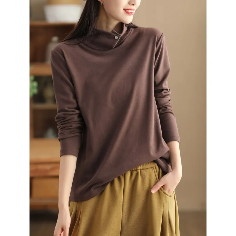 Fashion Threaded Base Shirt for Women Warm Elastic Casual and Versatile Lapel Stand Collar Two-wear Pullover Top