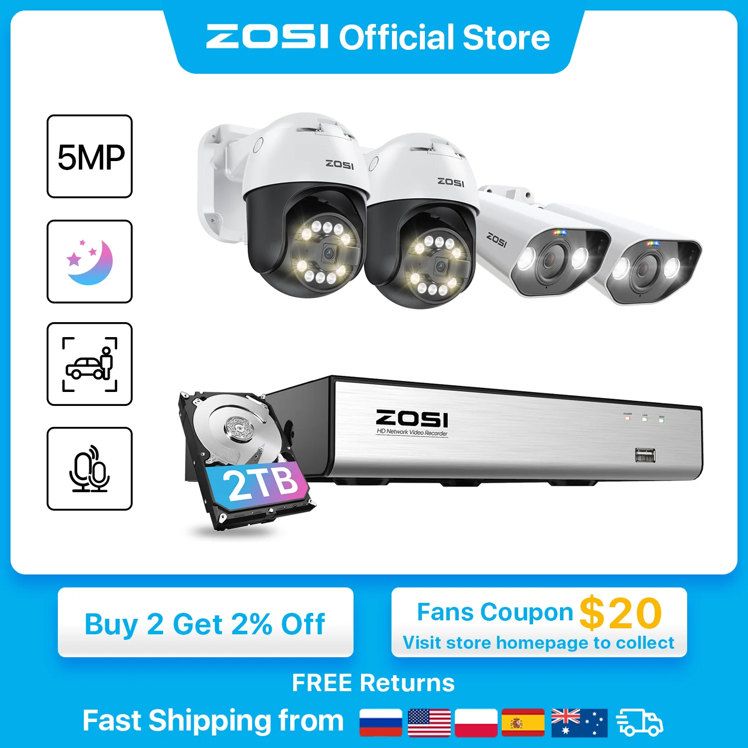 

ZOSI 5MP PTZ Video Surveillance Kit AI Face Vehicle Detect 4K 8CH Expand 16CH CCTV NVR 5MP PTZ Bullet PoE Security Camera System