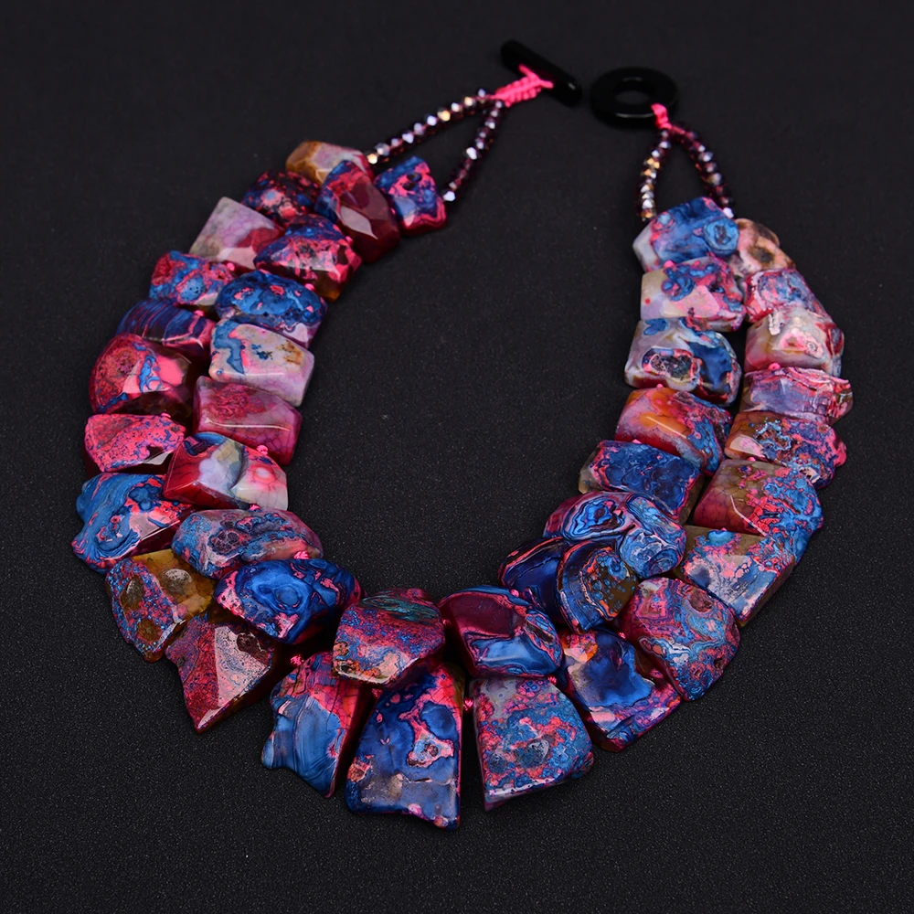 G-G Heavy 2 Strands Red Blue Fuchsia Agate Slice Druzy Beads Top-Drilled Stone Crystal Pendant Necklace Lady Jewelry Gift