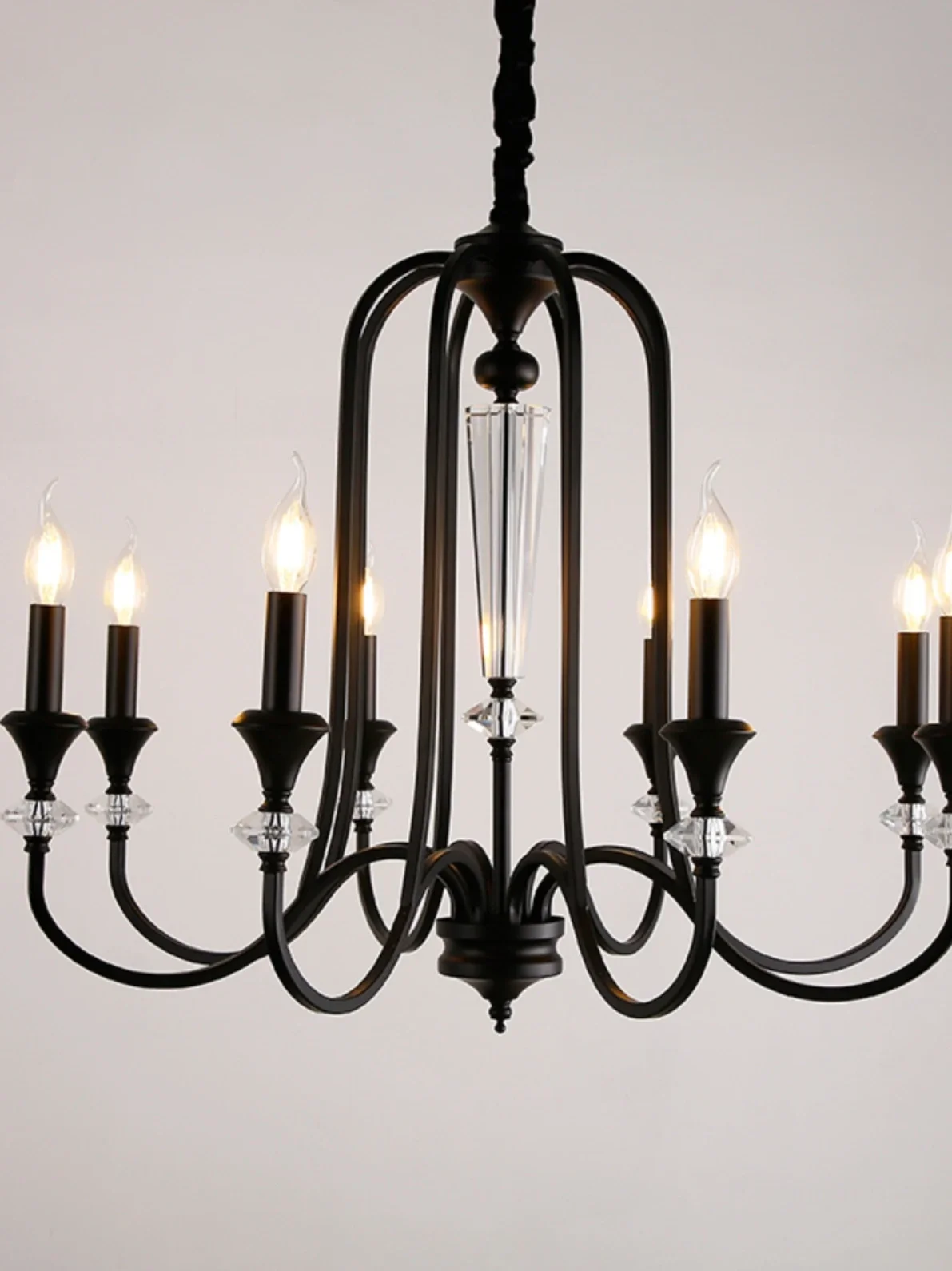 

American retro candle chandelier living room light Nordic personality dining room bedroom simple wrought iron black crystal lamp