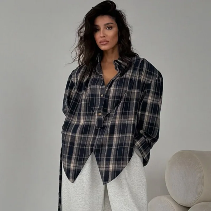 

Talenza Women Vintage Shirt Fashion Grid Collar Slim Lace-up Shirt Spring Casual Commuting Chic Streetwear Elegant Female Blouse