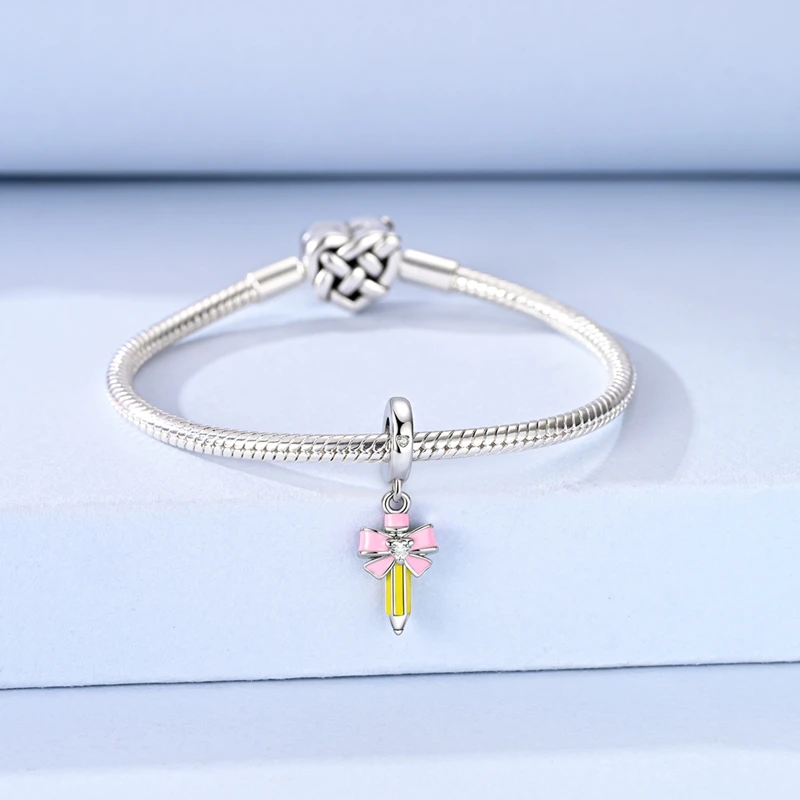 

Подвеска-шарм из стерлингового серебра 925 пробы: сверкающий розовый бантик-карандаш, подходит для оригинальных браслетов, для самостоятельного изготовления женских украшений