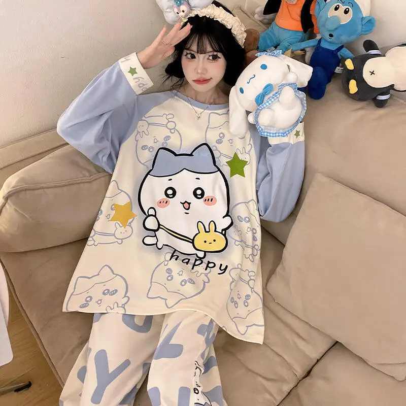 pyjama-femme-anime-hellokitty-chiikawa-cannelle-kawaii-dessin-anime-fille-maison-vetements-manches-longues-pantalon-cherie-fille