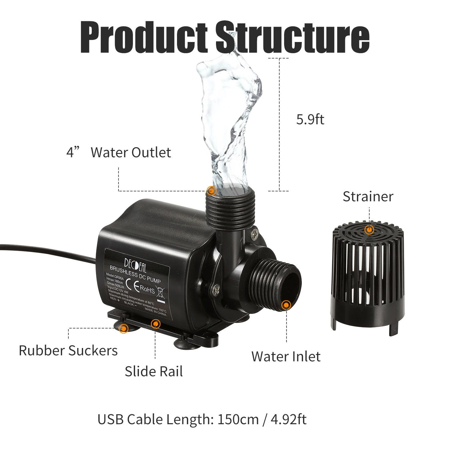 Aquarium Pump USB Fish Tank Submersible Water Pump 12V Micro Brushless Waterproof Fountain Pump Pond Circulating 500L/H 4W