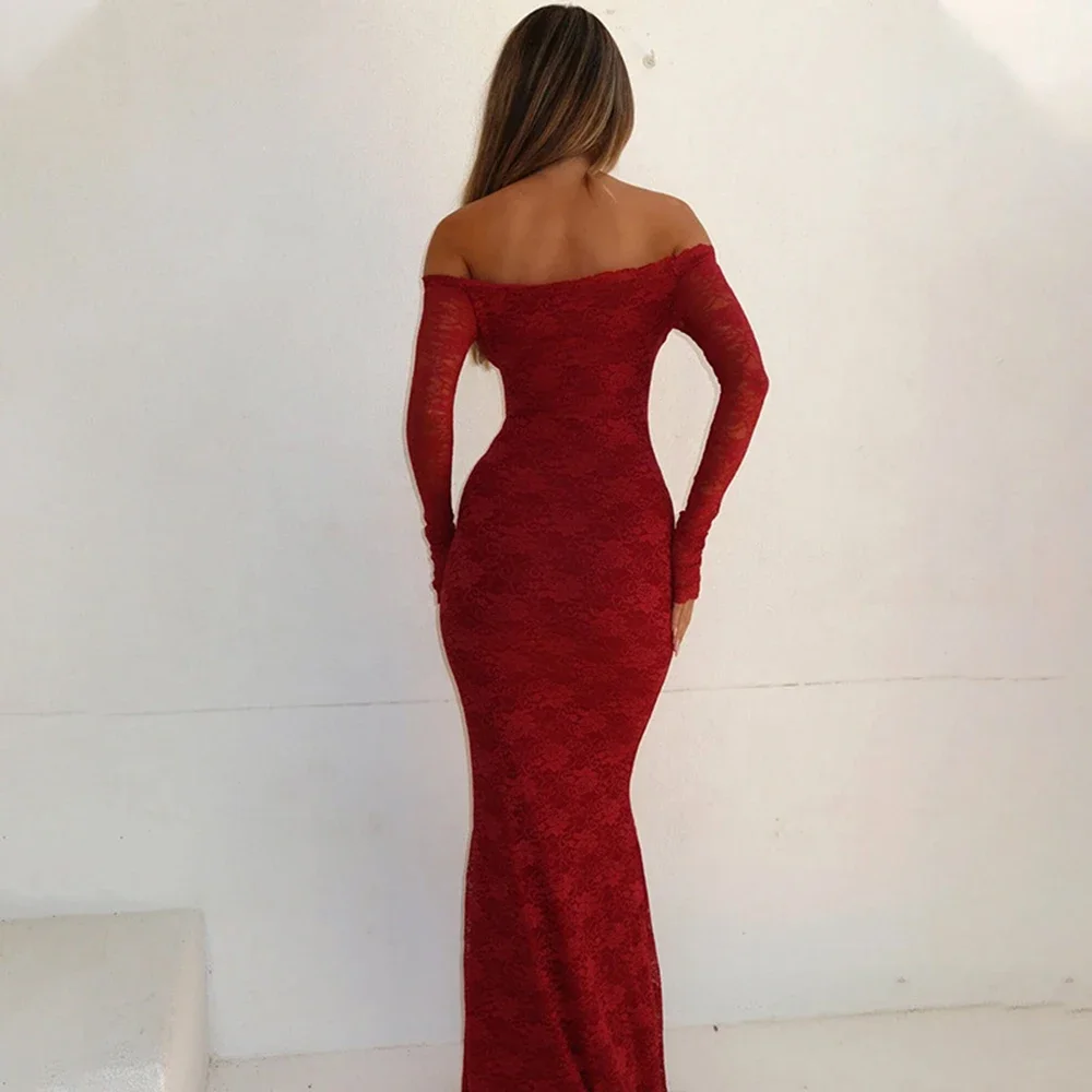 Vestido largo recortado de encaje con cuello en V y hombros descubiertos para mujer Pop vestido ajustado de manga larga envolvente a la cadera elegante y Sexy